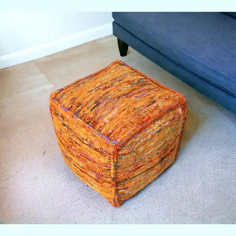 Orange Recycled Silk & Cotton Cube Pouf Ottoman – 18", 300 lb Capacity