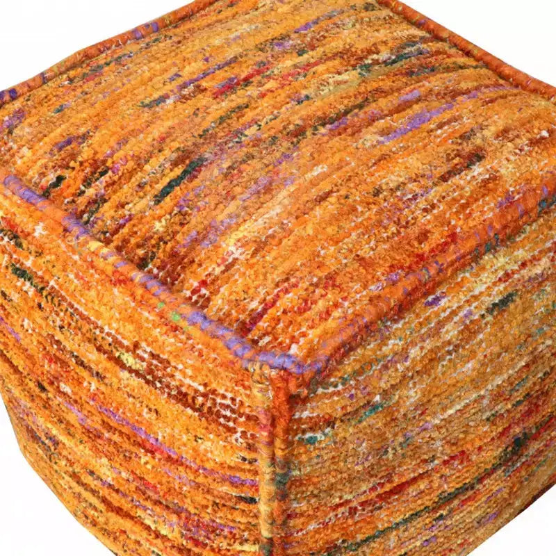 Orange Recycled Silk & Cotton Cube Pouf Ottoman – 18", 300 lb Capacity