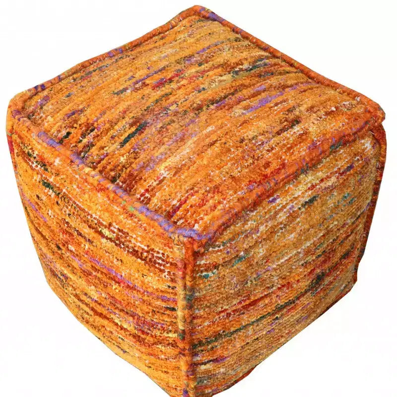 Orange Recycled Silk & Cotton Cube Pouf Ottoman – 18", 300 lb Capacity