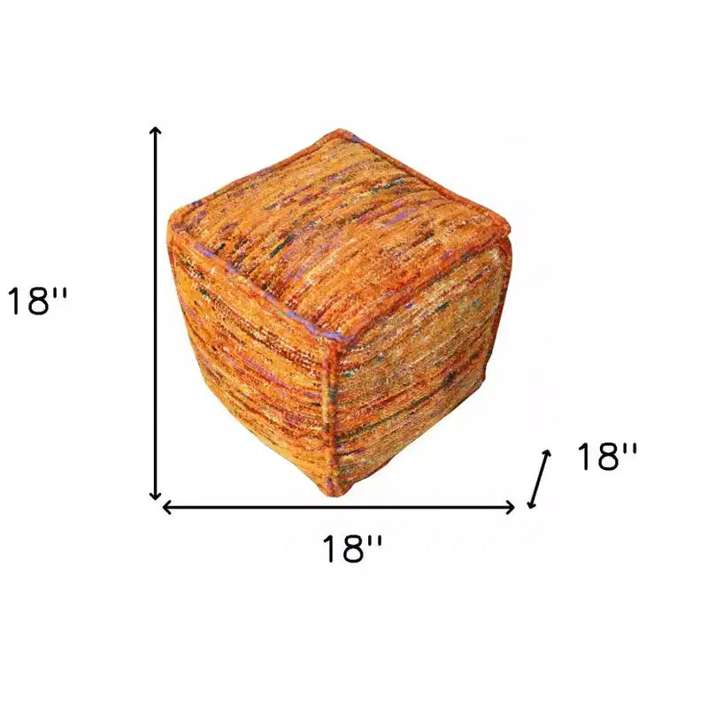 Orange Recycled Silk & Cotton Cube Pouf Ottoman – 18", 300 lb Capacity