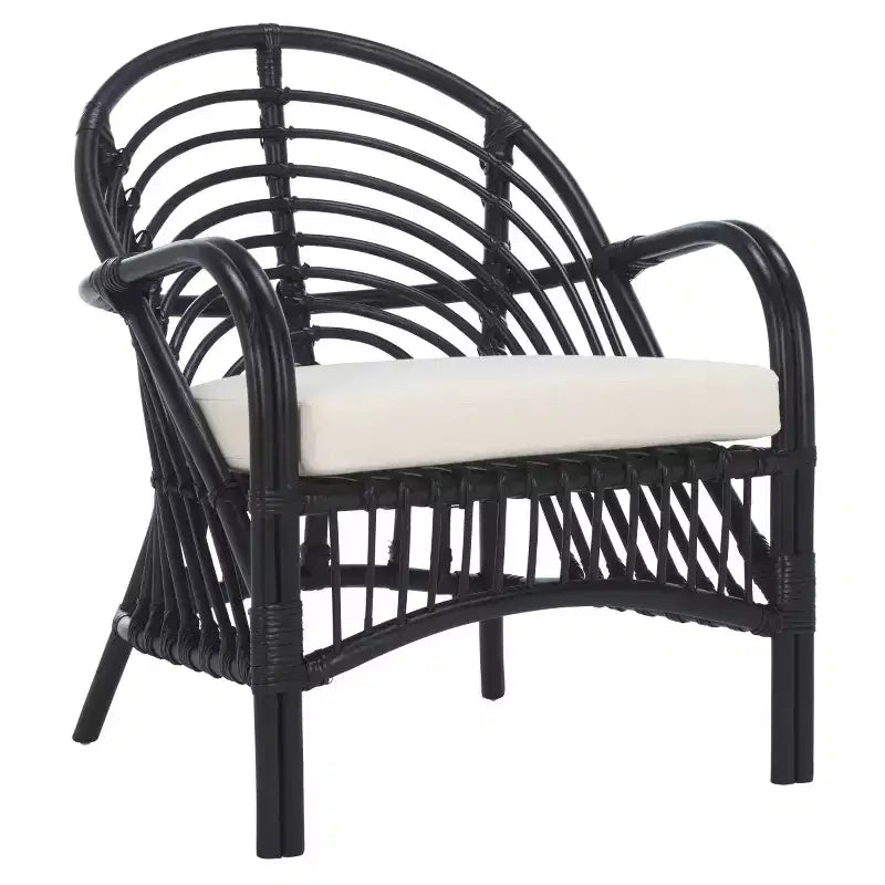 Rattan Accent Chair with Removable White Cushion – Black Frame, Wood Legs