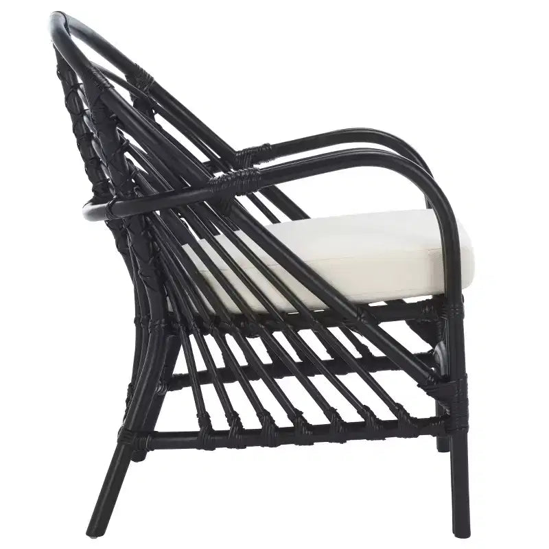 Rattan Accent Chair with Removable White Cushion – Black Frame, Wood Legs