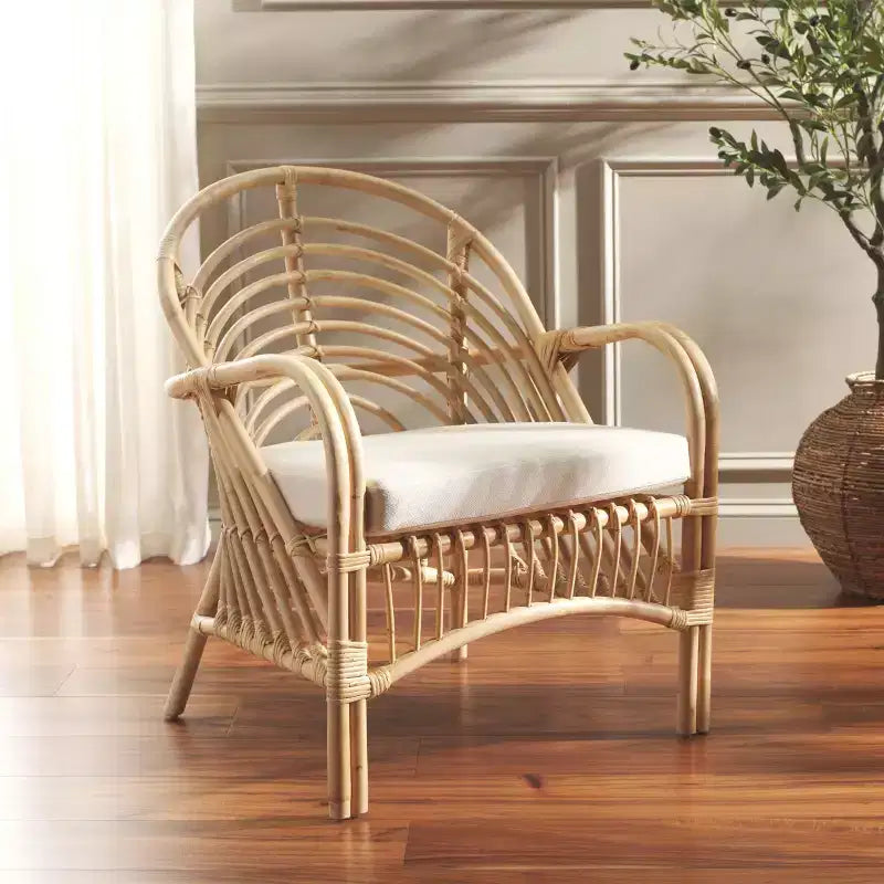 Rattan Accent Chair with Removable White Cushion – Black Frame, Wood Legs