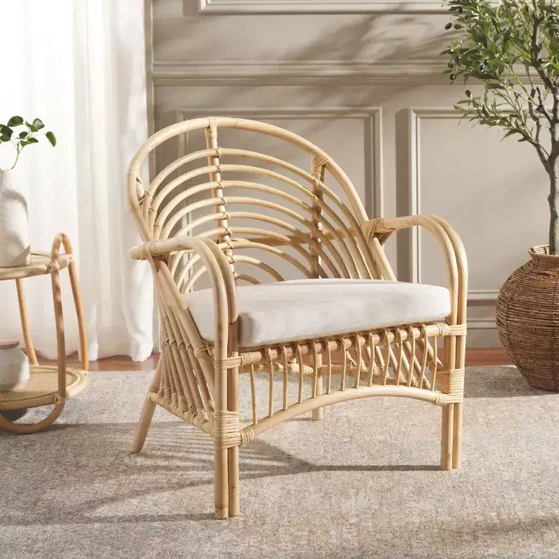 Rattan Accent Chair with Removable White Cushion – Black Frame, Wood Legs