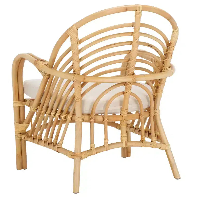 Rattan Accent Chair with Removable White Cushion – Black Frame, Wood Legs