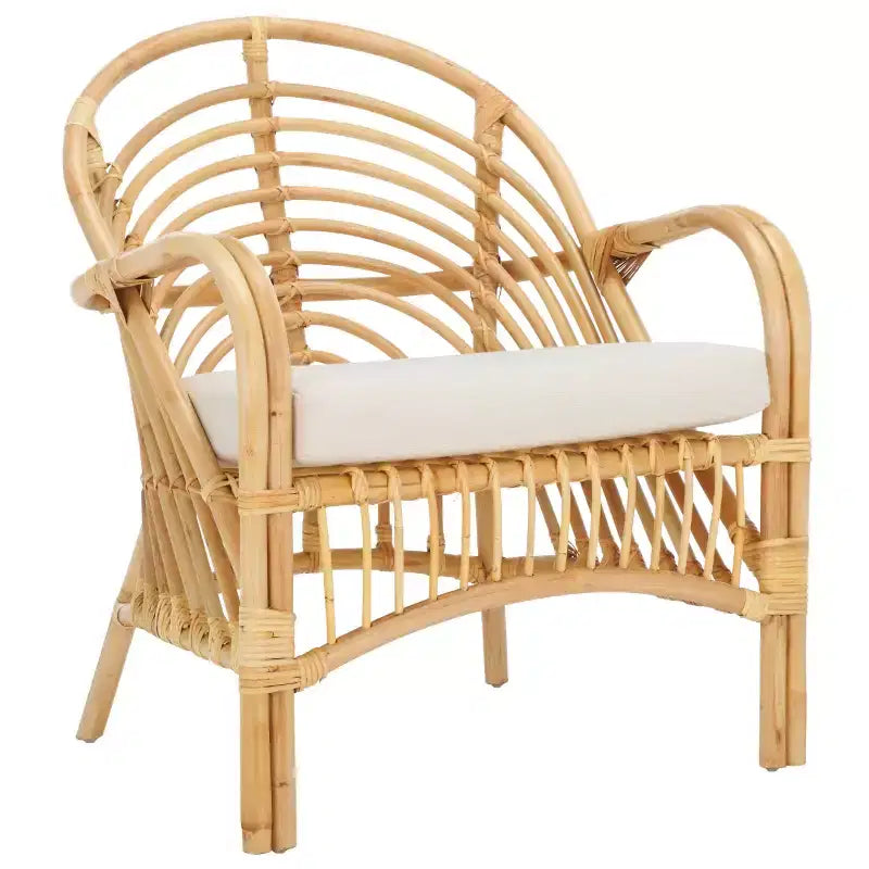 Rattan Accent Chair with Removable White Cushion – Black Frame, Wood Legs
