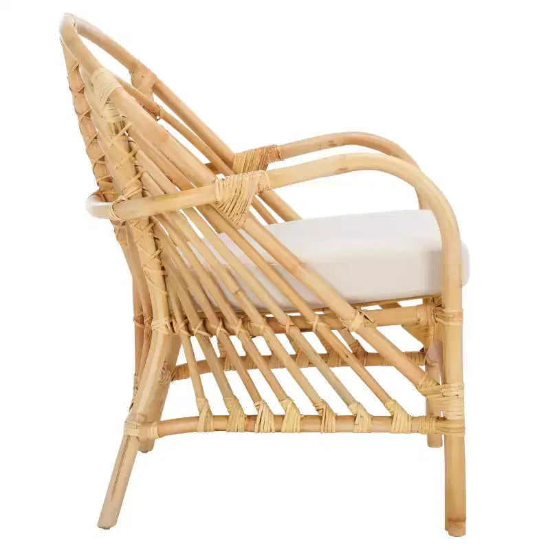 Rattan Accent Chair with Removable White Cushion – Black Frame, Wood Legs