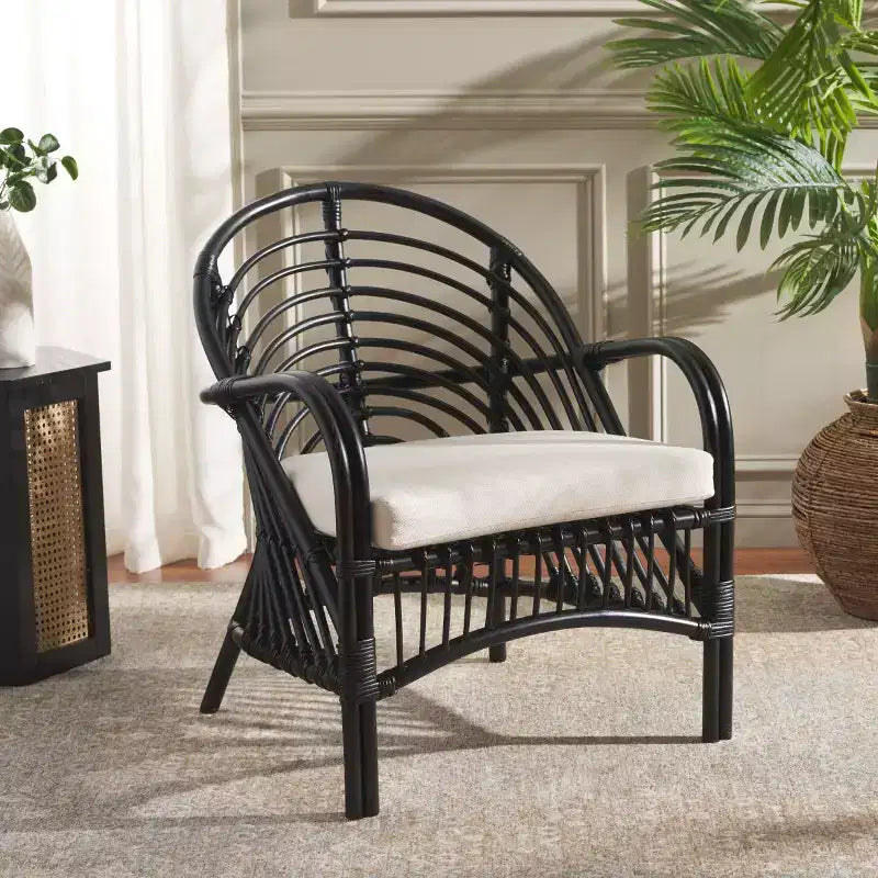 Rattan Accent Chair with Removable White Cushion – Black Frame, Wood Legs