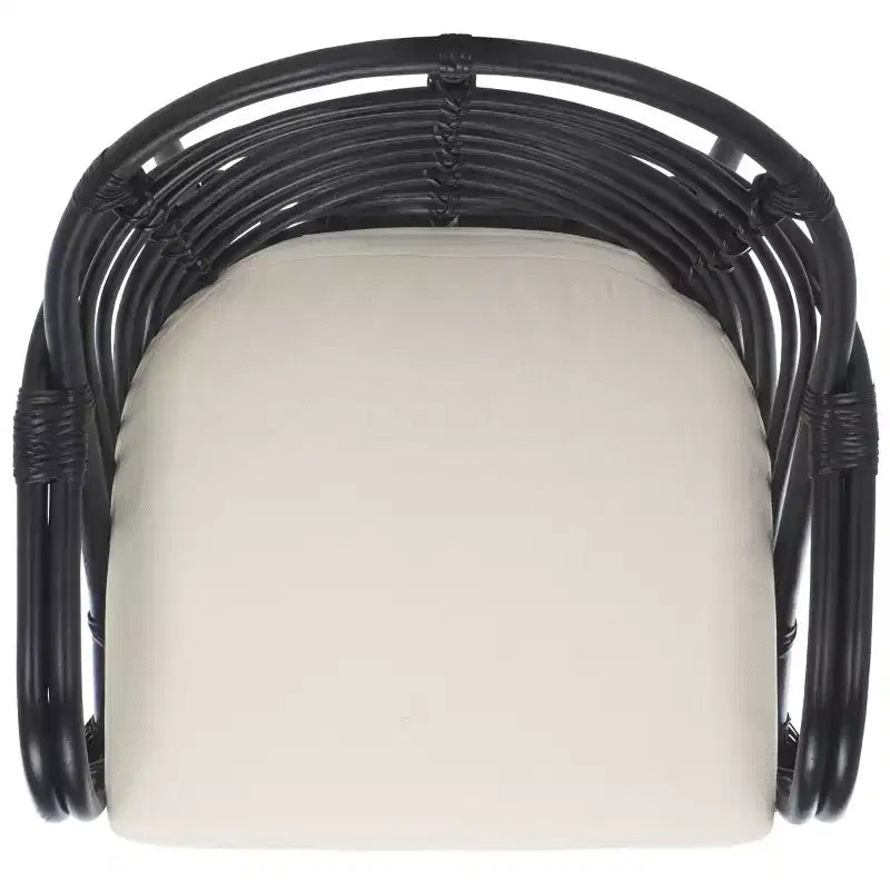 Rattan Accent Chair with Removable White Cushion – Black Frame, Wood Legs