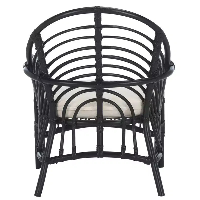 Rattan Accent Chair with Removable White Cushion – Black Frame, Wood Legs