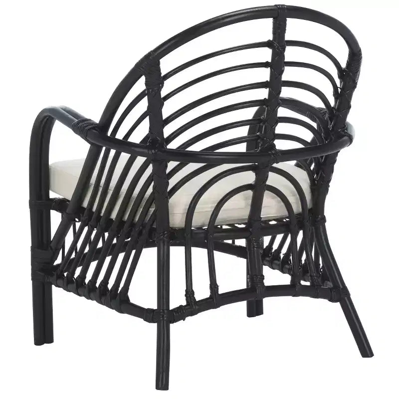 Rattan Accent Chair with Removable White Cushion – Black Frame, Wood Legs
