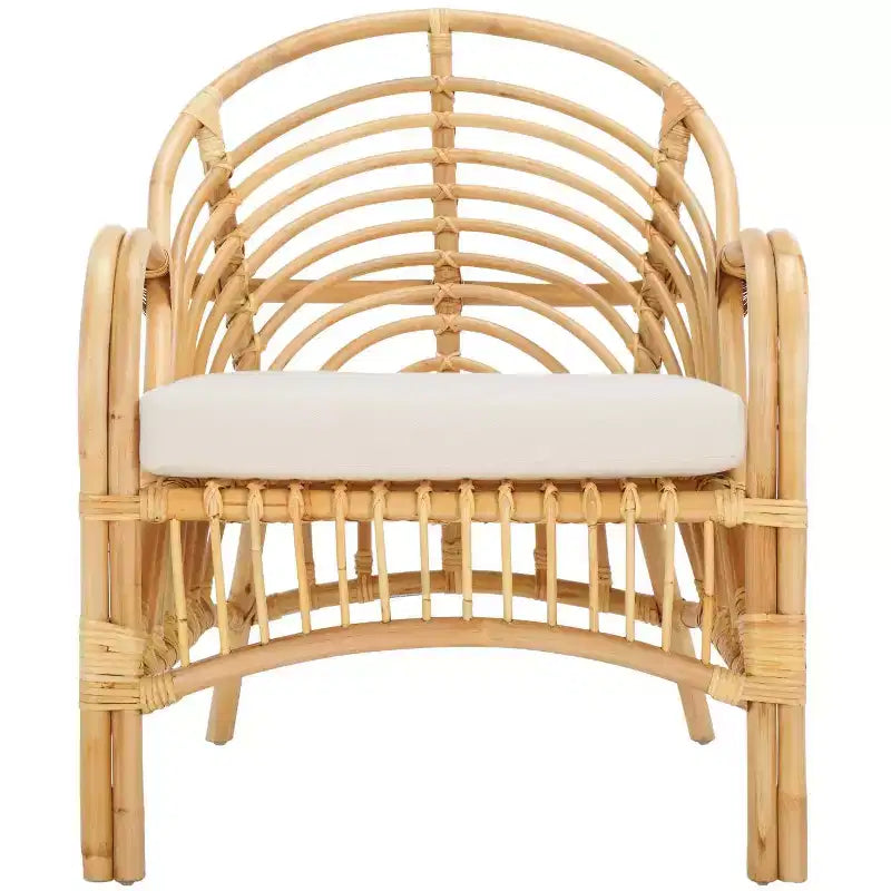 Rattan Accent Chair with Removable White Cushion – Black Frame, Wood Legs