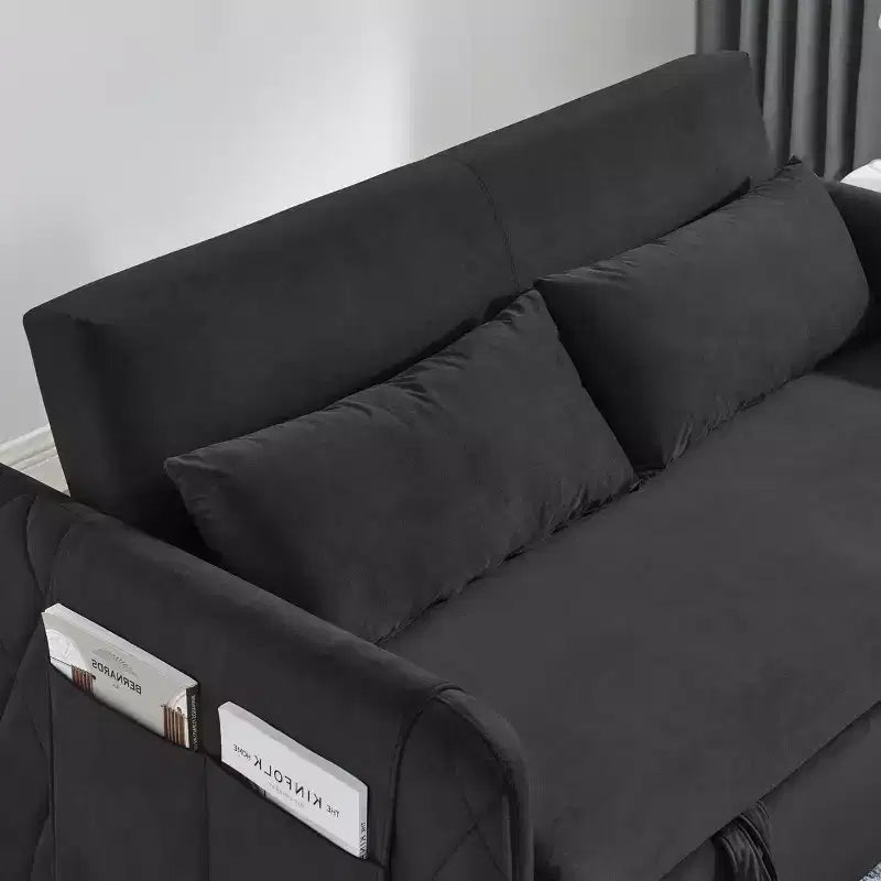 Gray Velvet Pull-Out Sofa Bed, 2-Seater