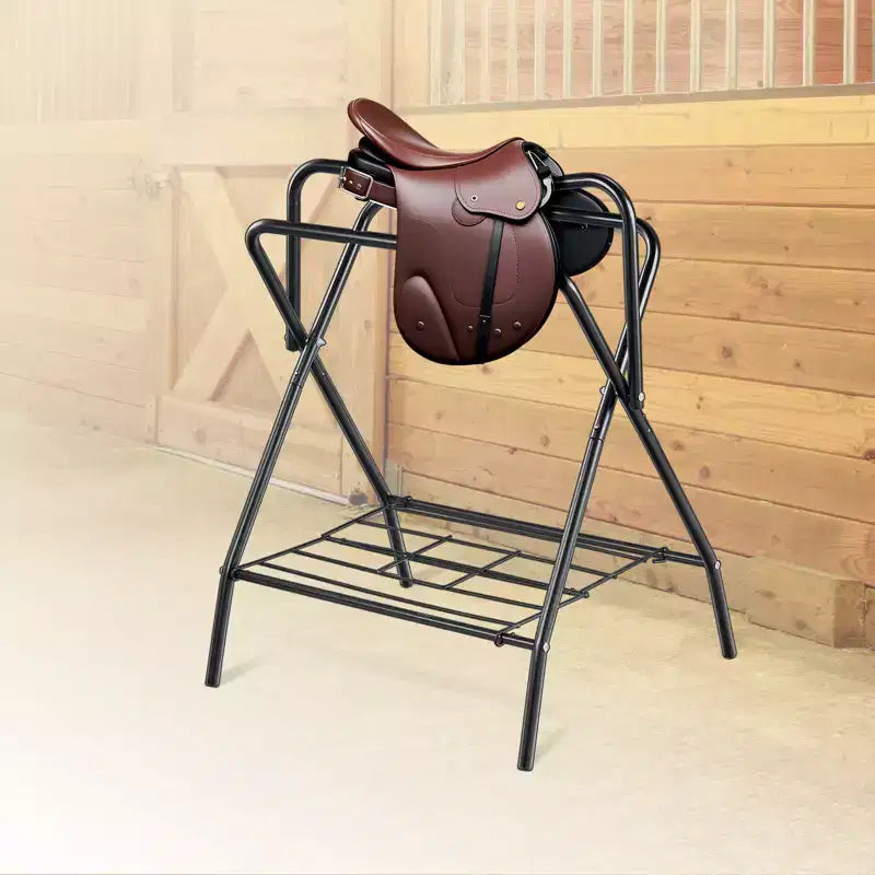 Folding Saddle Rack – Freestanding Horse Saddle Stand, 132 lb Capacity, Black Steel