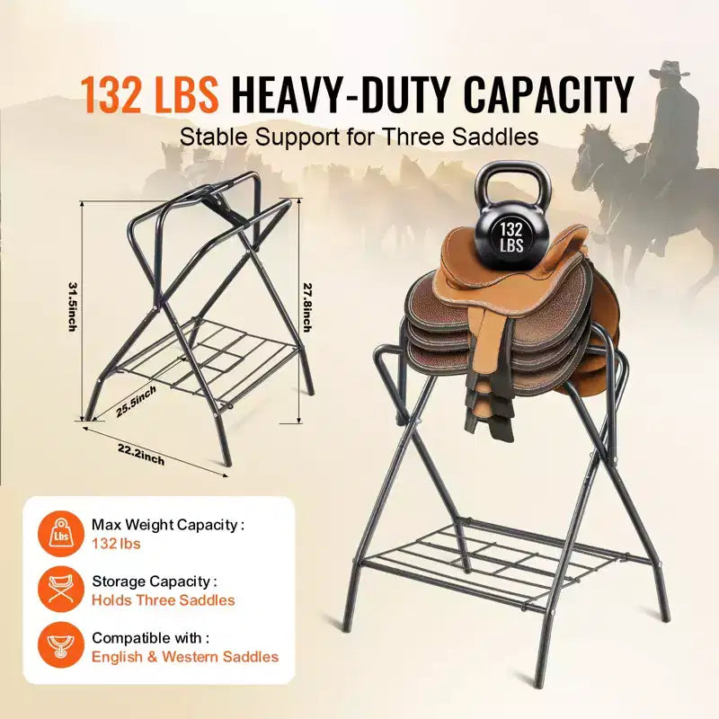 Folding Saddle Rack – Freestanding Horse Saddle Stand, 132 lb Capacity, Black Steel