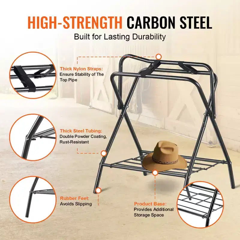 Folding Saddle Rack – Freestanding Horse Saddle Stand, 132 lb Capacity, Black Steel