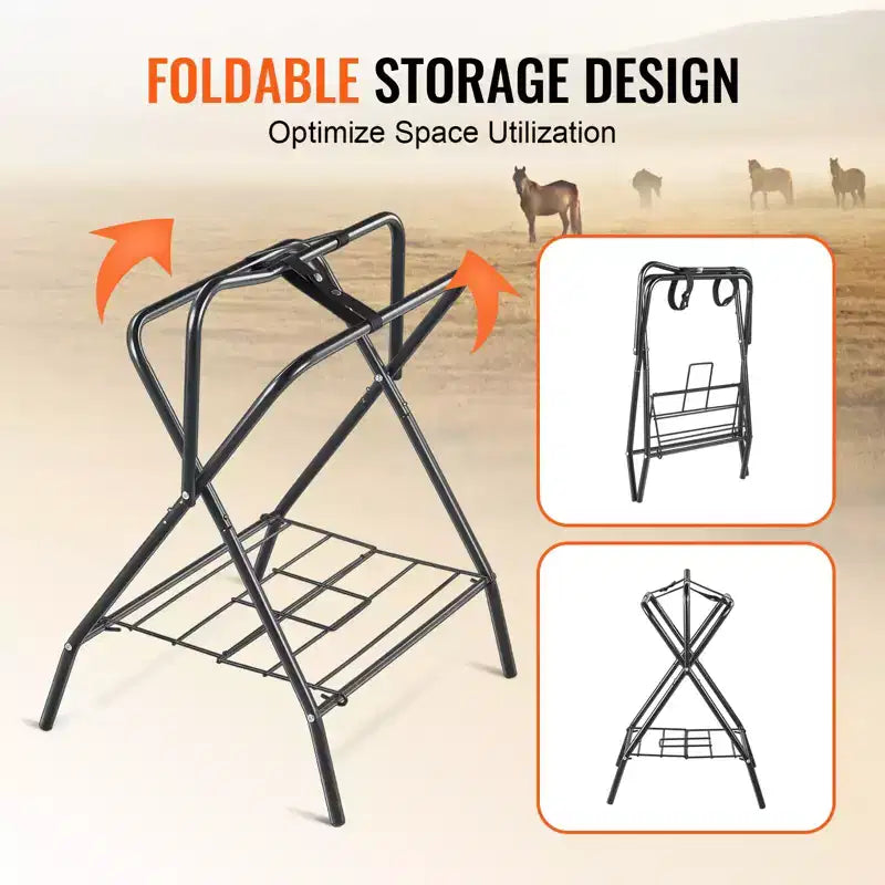 Folding Saddle Rack – Freestanding Horse Saddle Stand, 132 lb Capacity, Black Steel