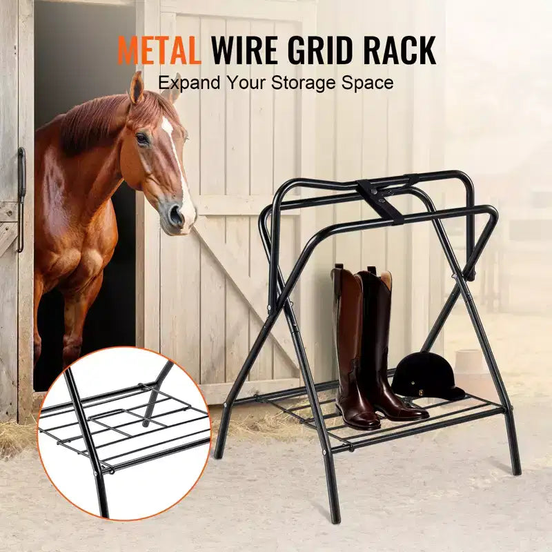 Folding Saddle Rack – Freestanding Horse Saddle Stand, 132 lb Capacity, Black Steel