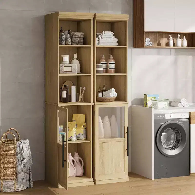 70" Tall Narrow Storage Cabinet with Glass Door & Open Shelves – Slim, Freestanding