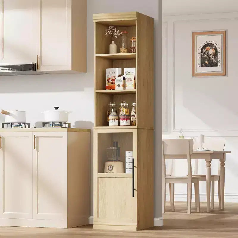 70" Tall Narrow Storage Cabinet with Glass Door & Open Shelves – Slim, Freestanding