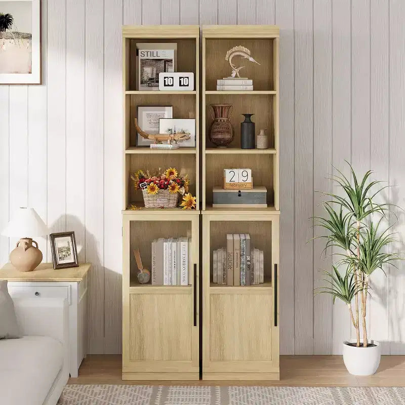 70" Tall Narrow Storage Cabinet with Glass Door & Open Shelves – Slim, Freestanding