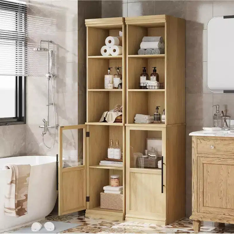 70" Tall Narrow Storage Cabinet with Glass Door & Open Shelves – Slim, Freestanding