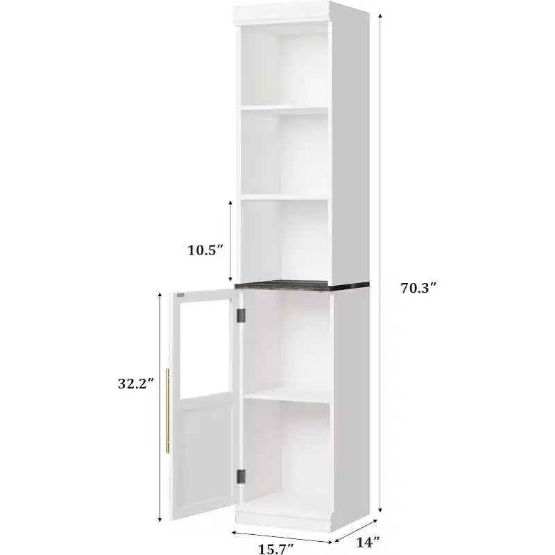 70" Tall Narrow Storage Cabinet with Glass Door & Open Shelves – Slim, Freestanding