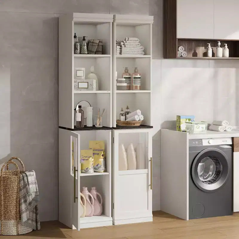 70" Tall Narrow Storage Cabinet with Glass Door & Open Shelves – Slim, Freestanding