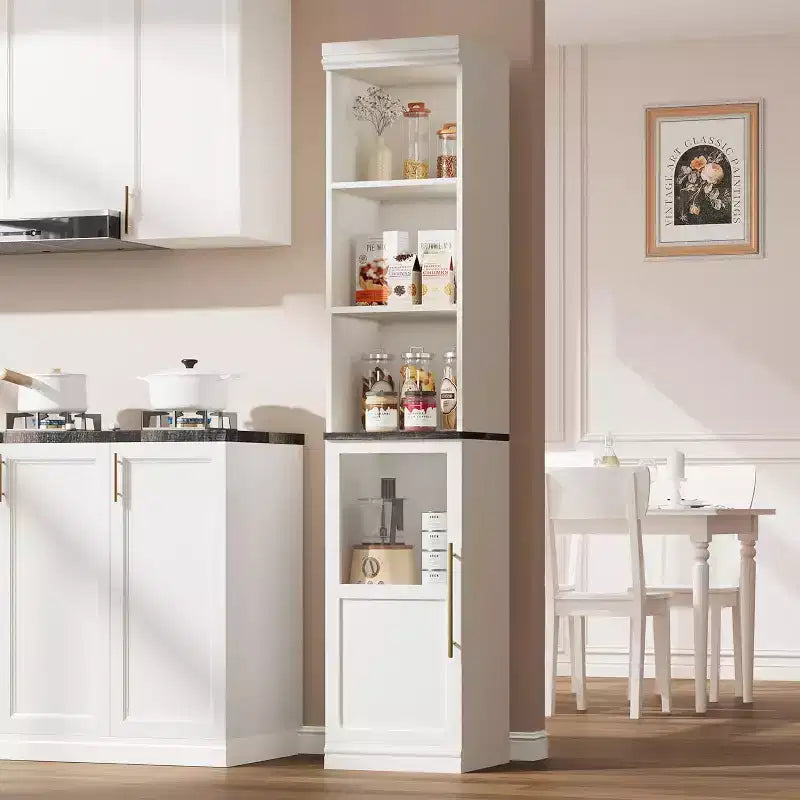 70" Tall Narrow Storage Cabinet with Glass Door & Open Shelves – Slim, Freestanding