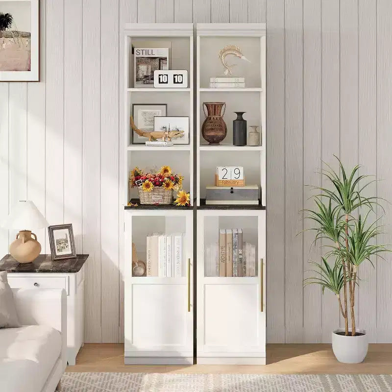 70" Tall Narrow Storage Cabinet with Glass Door & Open Shelves – Slim, Freestanding