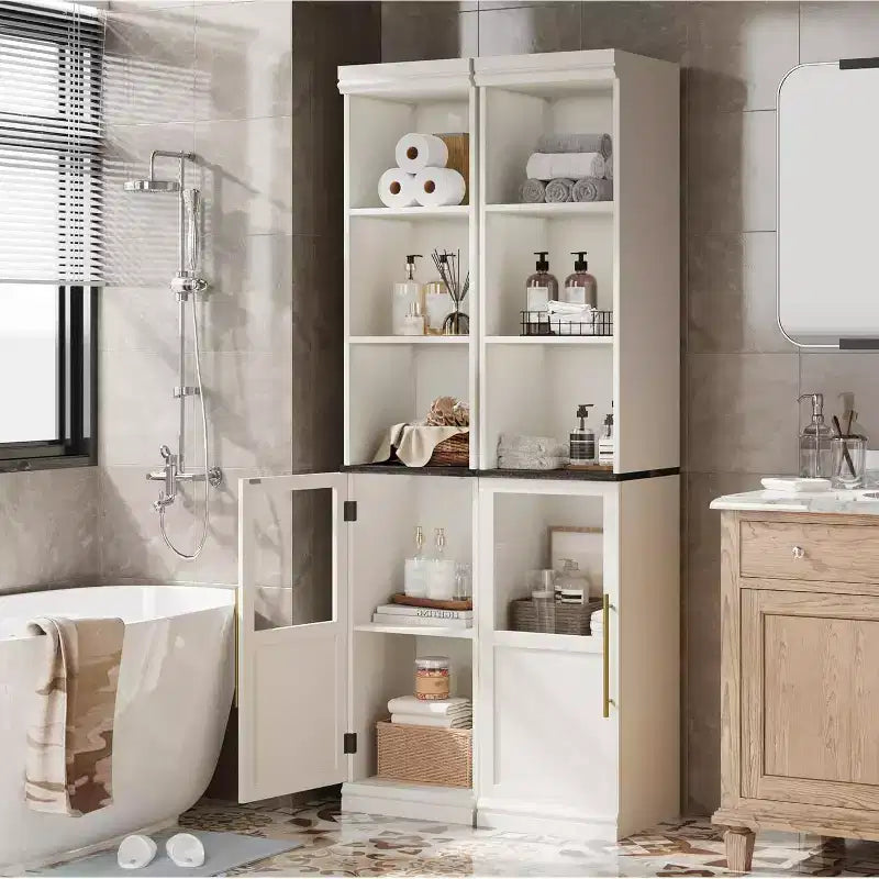 70" Tall Narrow Storage Cabinet with Glass Door & Open Shelves – Slim, Freestanding