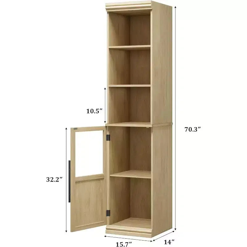 70" Tall Narrow Storage Cabinet with Glass Door & Open Shelves – Slim, Freestanding