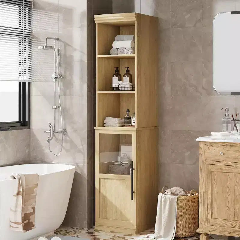 70" Tall Narrow Storage Cabinet with Glass Door & Open Shelves – Slim, Freestanding