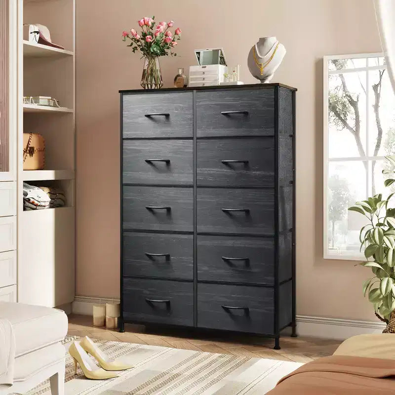 Tall Dresser with 10 Fabric Drawers & Cabinet – Metal Frame, Closet Organizer