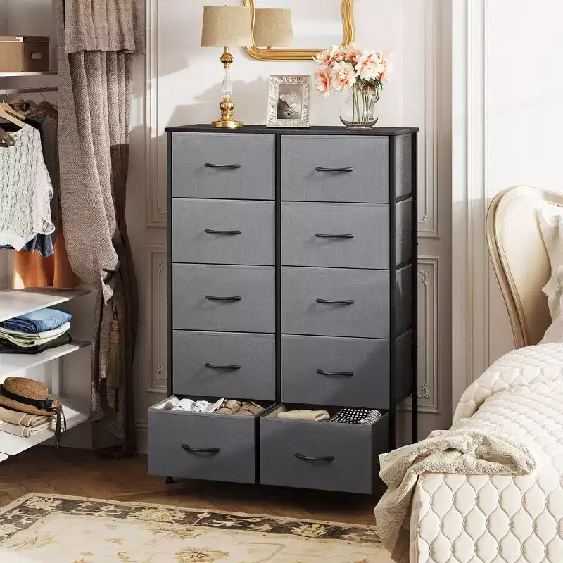 Tall Dresser with 10 Fabric Drawers & Cabinet – Metal Frame, Closet Organizer