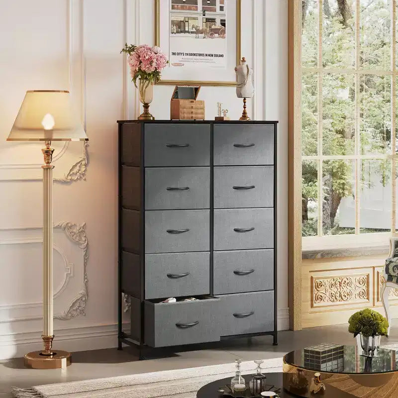 Tall Dresser with 10 Fabric Drawers & Cabinet – Metal Frame, Closet Organizer
