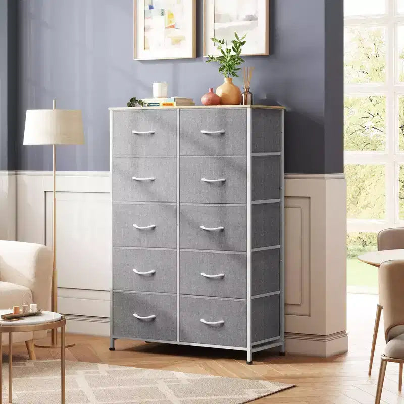 Tall Dresser with 10 Fabric Drawers & Cabinet – Metal Frame, Closet Organizer