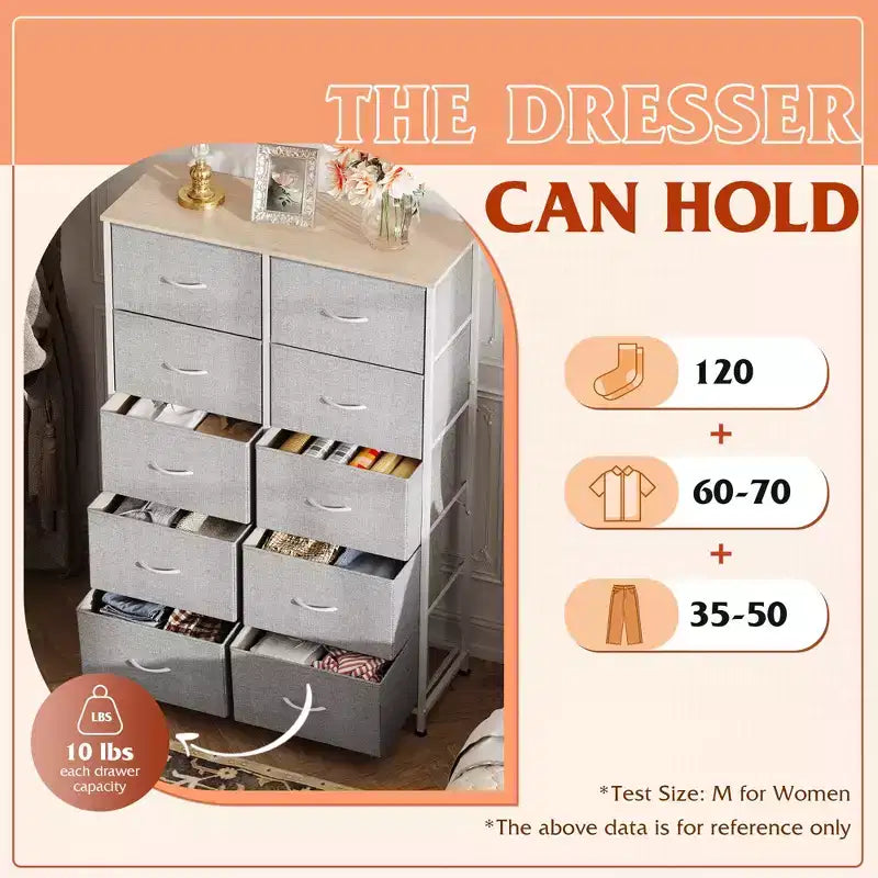 Tall Dresser with 10 Fabric Drawers & Cabinet – Metal Frame, Closet Organizer