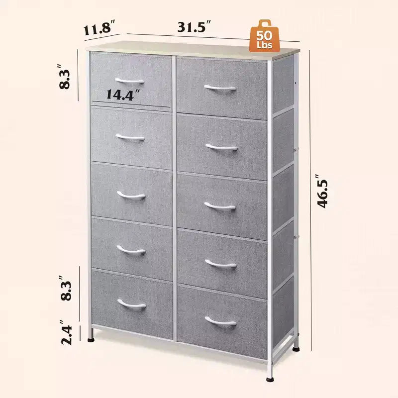 Tall Dresser with 10 Fabric Drawers & Cabinet – Metal Frame, Closet Organizer