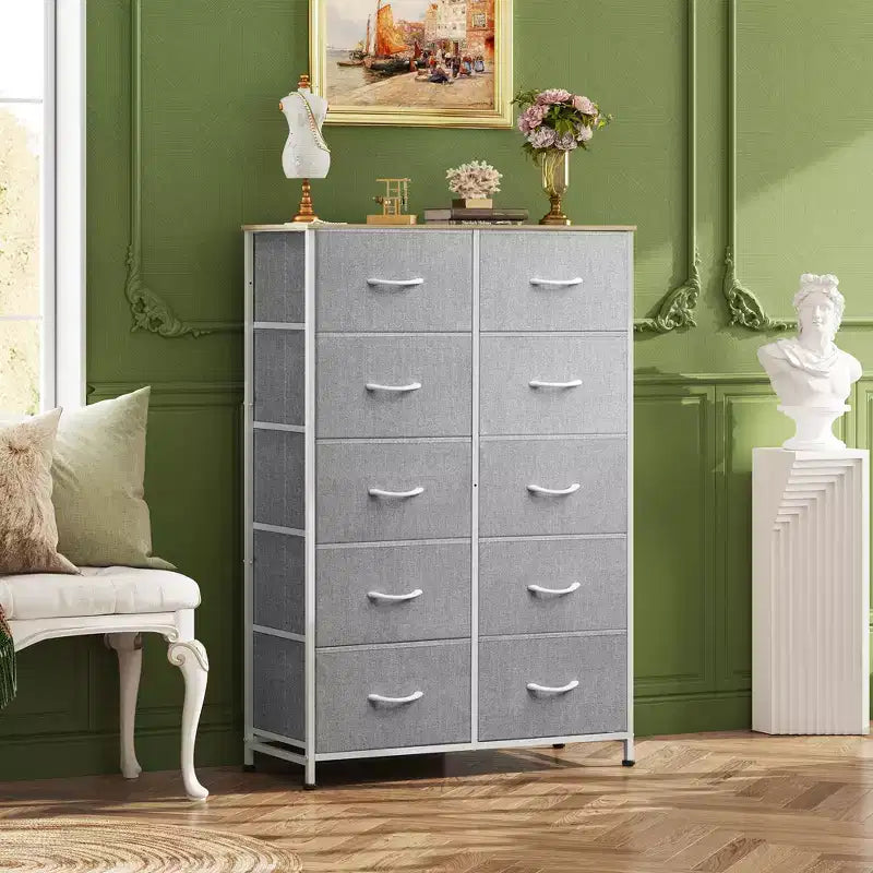 Tall Dresser with 10 Fabric Drawers & Cabinet – Metal Frame, Closet Organizer