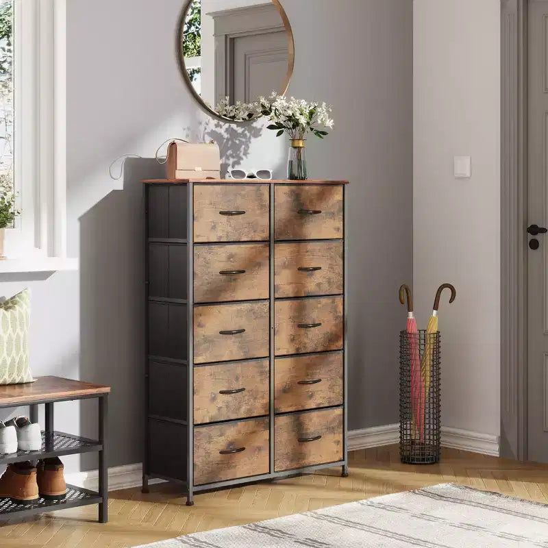 Tall Dresser with 10 Fabric Drawers & Cabinet – Metal Frame, Closet Organizer