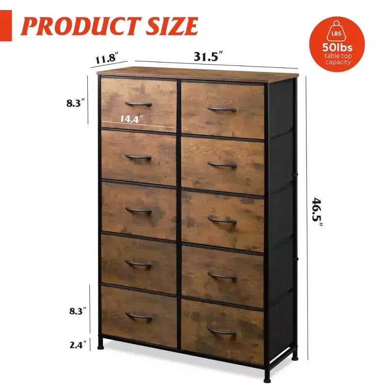Tall Dresser with 10 Fabric Drawers & Cabinet – Metal Frame, Closet Organizer