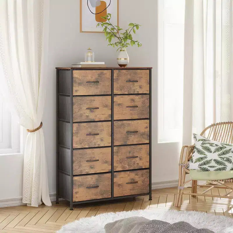 Tall Dresser with 10 Fabric Drawers & Cabinet – Metal Frame, Closet Organizer