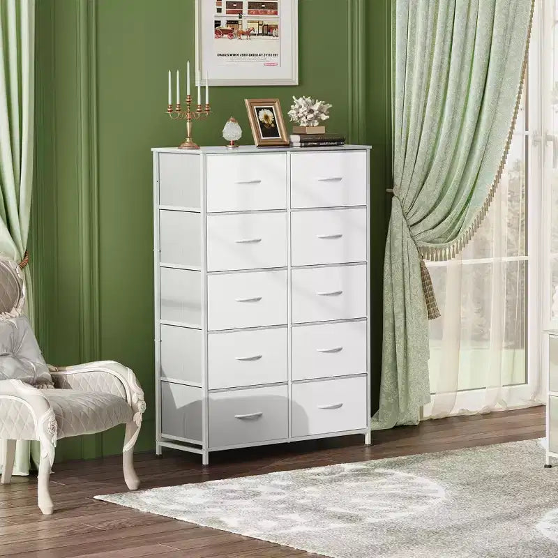 Tall Dresser with 10 Fabric Drawers & Cabinet – Metal Frame, Closet Organizer