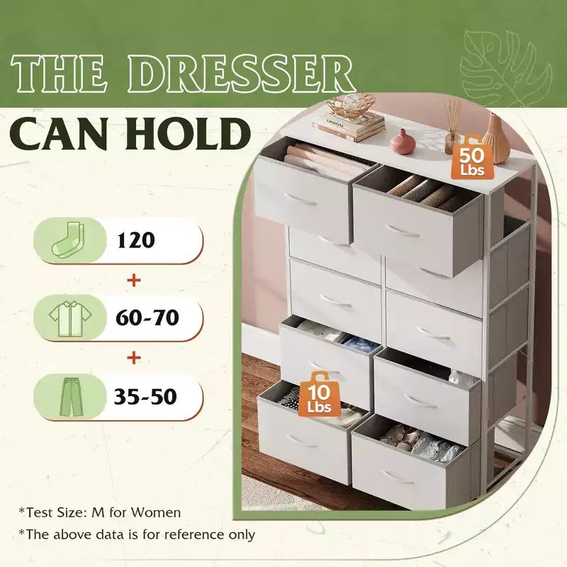 Tall Dresser with 10 Fabric Drawers & Cabinet – Metal Frame, Closet Organizer
