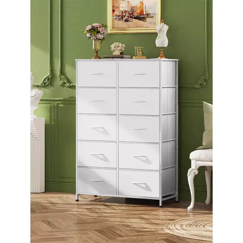 Tall Dresser with 10 Fabric Drawers & Cabinet – Metal Frame, Closet Organizer