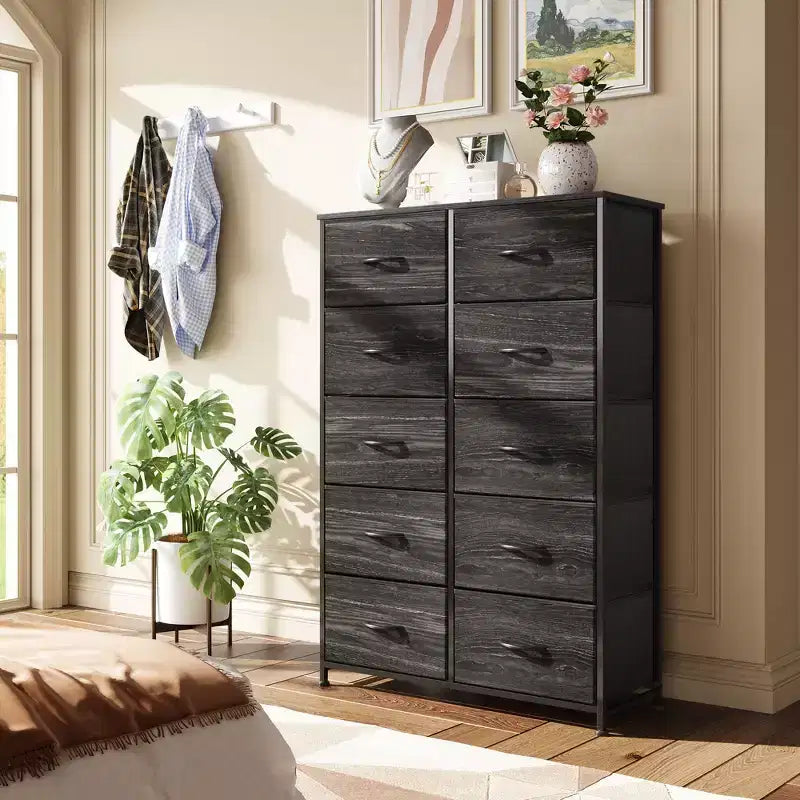 Tall Dresser with 10 Fabric Drawers & Cabinet – Metal Frame, Closet Organizer