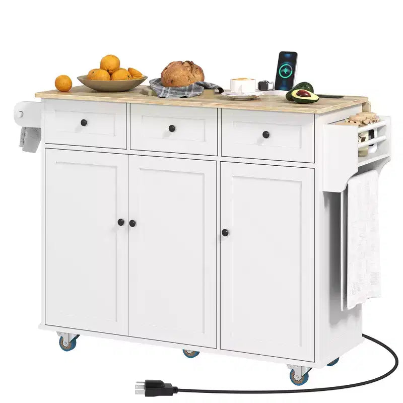 Rolling Kitchen Island with Charging Station & Drop Leaf – 53", Wood Top, 3 Drawers