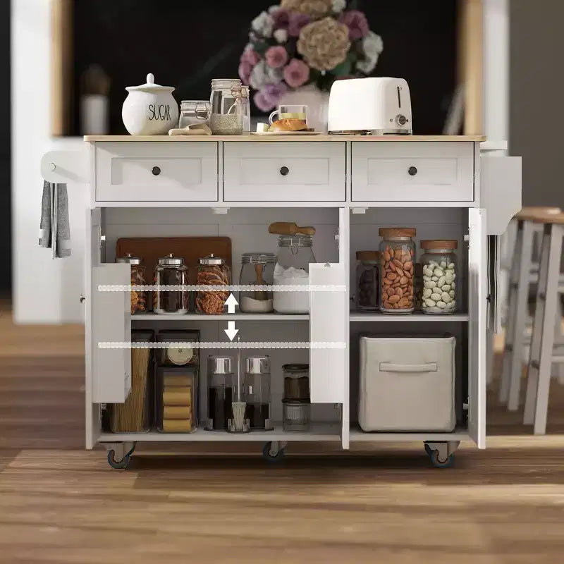 Rolling Kitchen Island with Charging Station & Drop Leaf – 53", Wood Top, 3 Drawers