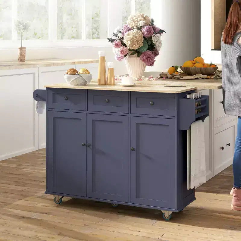 Rolling Kitchen Island with Charging Station & Drop Leaf – 53", Wood Top, 3 Drawers
